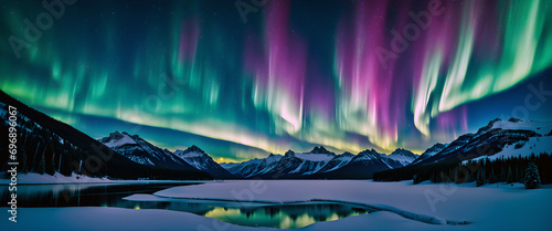 Aurora boreal sobre cielo nocturno y despejado. Fenómeno natural de luces nocturnas sobre lago. Hecho con IA. 