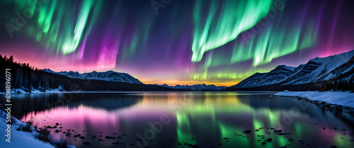 Aurora boreal en invierno reflejada sobre un lago cristalino. Fenómeno natural de luces nocturnas sobre un cielo despejado. Hecho con IA. photo