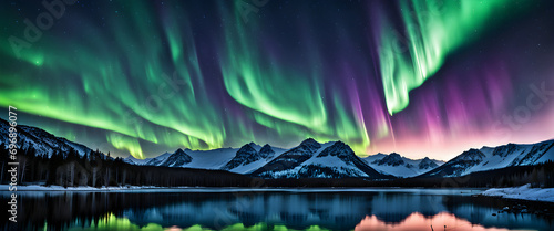 Aurora polar color verde y púrpura. Fenómeno natural de las regiones polares sobre lago cristalino. Aurora boreal nocturna. Hecho con IA. photo