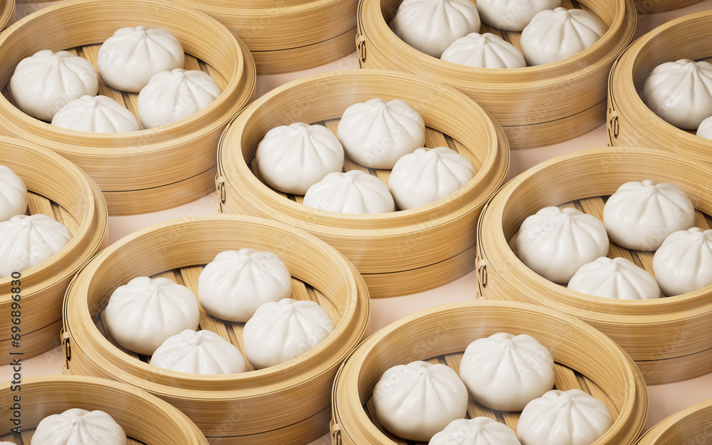 Fototapeta premium Chinese food baozi in food steamer, 3d rendering.
