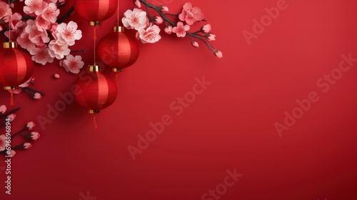 Red lanterns and cherry blossoms blooming on a red background  and space for text.