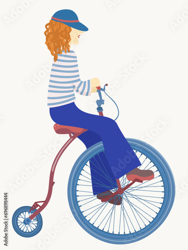 Young woman on retro unicycle. Vector isolated illustration.