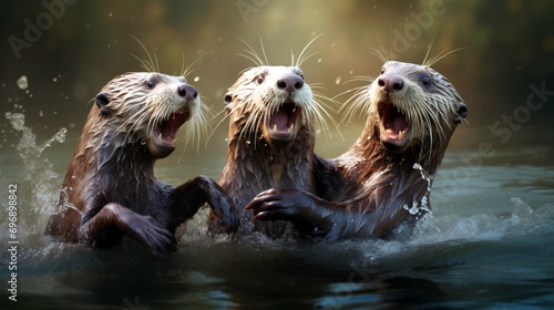 A family of otters playing joyfully in a shimmering stream, their antics captured in motion. photo