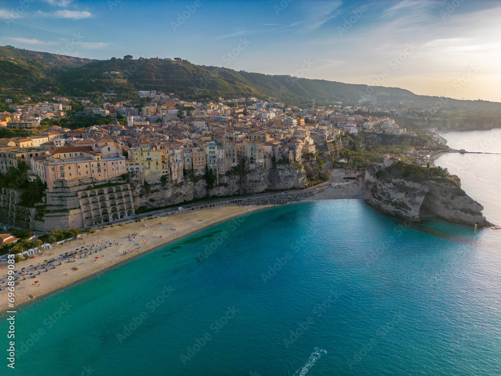 Aerial drone photo of the coastal town named Tropea in Calabria, Italy.