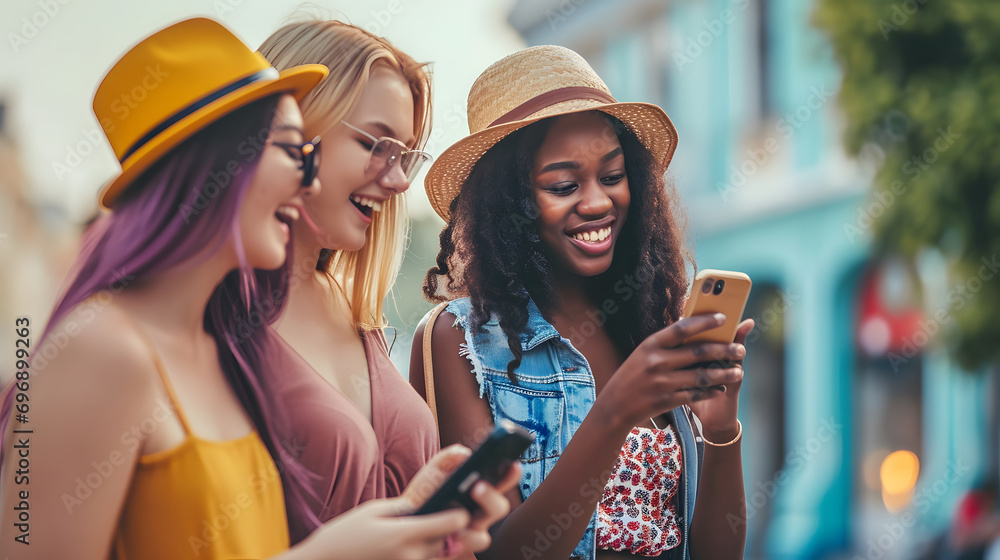 Multiracial young women using smart mobile phone device outside, Happy female friends watching funny memes on smartphone - obrazy, fototapety, plakaty 