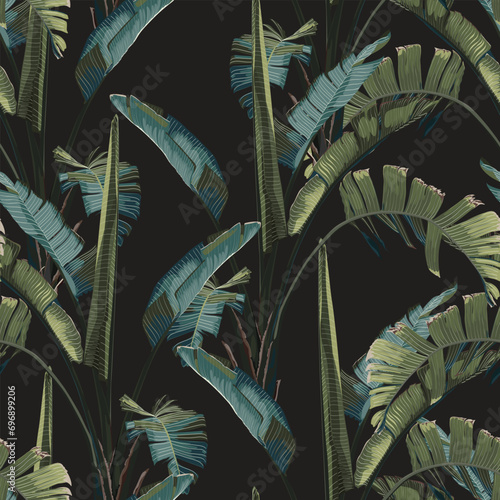 Tropical seamless pattern. Summer print. Jungle rainforest. Exotic plant, bananas, palms leaves. 