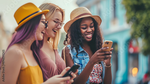 Multiracial young women using smart mobile phone device outside, Happy female friends watching funny memes on smartphone photo