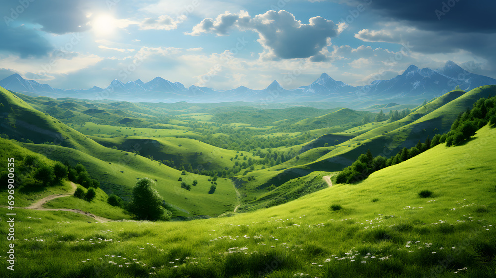 A Fantasy Landscape with Lush Green Grassy Hill Sloping Downward, Inviting into a Vast and Enchanting Valley.