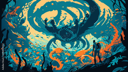Surreal underwater world with surreal creatures. vektor icon illustation