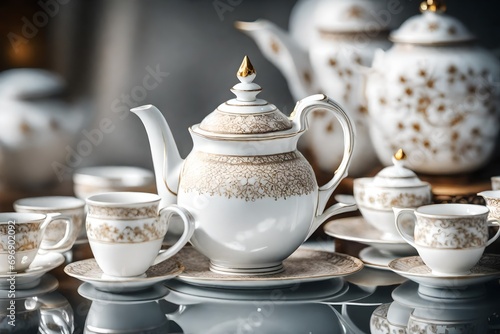 A selective focus shot of a white beautifully designed tea set 