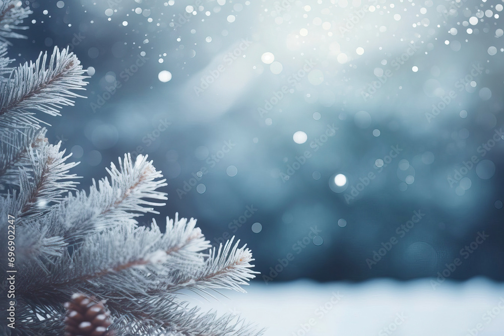 Seasonal Elegance. Christmas Tree Twig in Blurred Snowy Landscape.