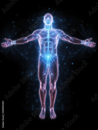 Visible aura around a person, open chakra, alternative medicine, human soul in the form of radiance and rays around the human body, zen balance of soul and body © Gizmo