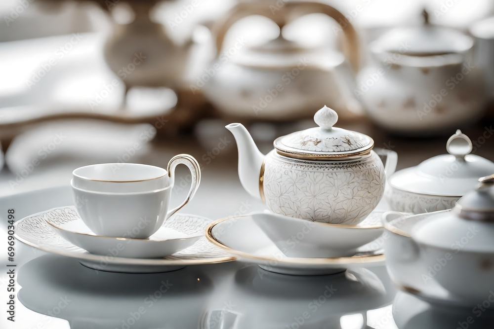 A selective focus shot of a white beautifully designed tea set 