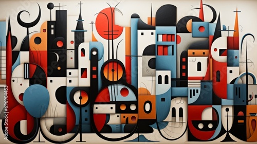 A mesmerizing painting of a bustling city  adorned with a musical instrument and intricate graphics  captured in a poster-like art form  evoking the harmonious fusion of music and visual expression