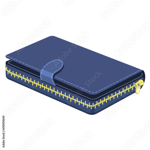 Blue women's wallet with a zipper, isolated on a white background.Vector illustration of an accessory.