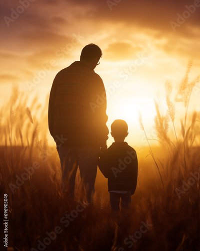 Silhueta pai e filho de mãos dadas no por do sol - Papel de parede tema dia dos pais photo