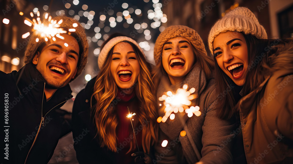 Joyful Young People Celebrating with Sparklers in a Festive Atmosphere Joyful Young People Celebrating with Sparklers in a Festive Atmosphere