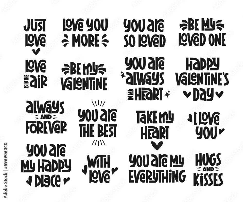 Valentine Day Vector Hand Lettering Set. Love Holiday Quotes for Valentines Day. I Love You, Love is in the Air, You are the Best, Take my Heart Quotes.