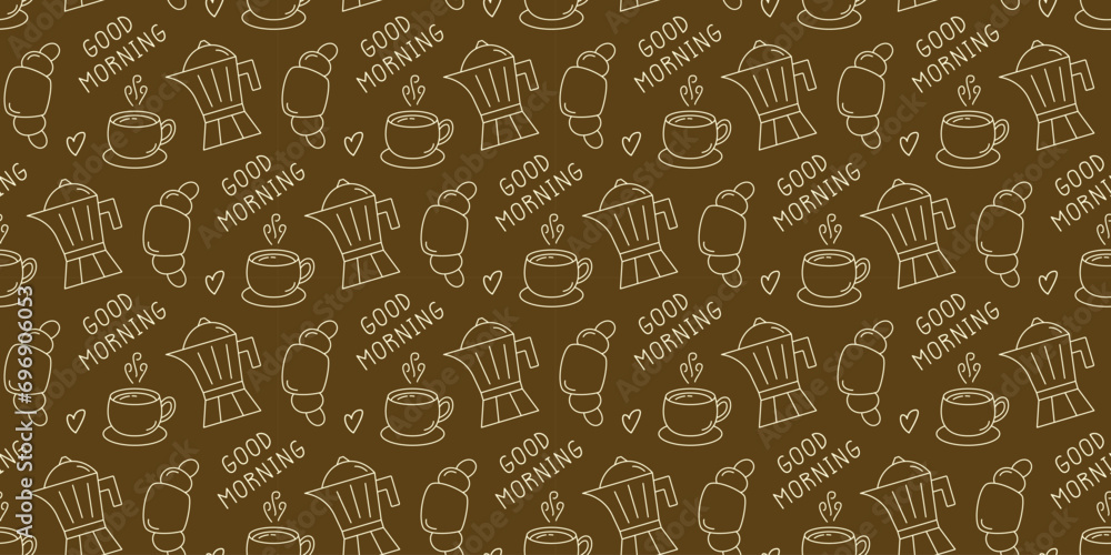 Seamless Pattern with Coffee Elements. Tea, Hot Beverage, Coffee Pot and Croissant Hand Drawn Doodle Backdrop. Cup of Coffee Background Drawing with Phrase Good Morning. Seamless Pattern with Coffee Elements. Tea, Hot Beverage, Coffee Pot and Croissant Hand Drawn Doodle Backdrop. Cup of Coffee Background Drawing with Phrase Good Morning.