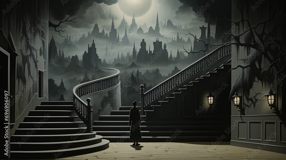 Obraz premium Lost in the misty haze, a lone figure ascends the stairs, unsure of where they lead