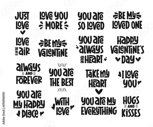 Valentine Day Vector Hand Lettering Set. Love Holiday Quotes for Valentines Day. I Love You, Love is in the Air, You are the Best, Take my Heart Quotes.