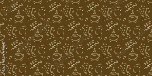 Seamless Pattern with Coffee Elements. Tea, Hot Beverage, Coffee Pot and Croissant Hand Drawn Doodle Backdrop. Cup of Coffee Background Drawing with Phrase Good Morning.