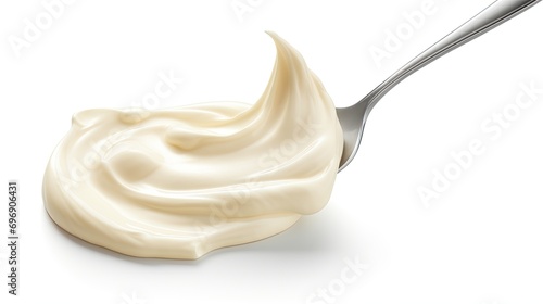 Fresh heavy cream spoonful isolated on white background. Dairy ingredient. Pure whipping cream on spoon. photo