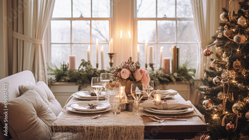 Table decor for festive family dinner at home, holiday tablescape and table setting, formal for wedding, celebration, English country and home styling