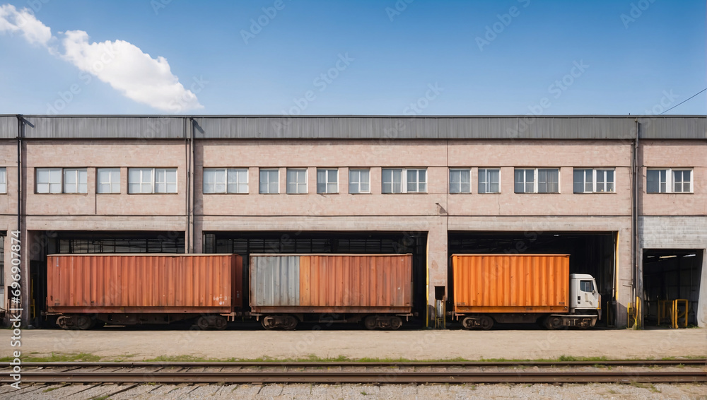 Industrial warehouse, factory, warehouse appearance. Industrial zone is occupied by containers intended for transportation of goods. Distribution center goods for various purposes on warehouse shelves Industrial warehouse, factory, warehouse appearance. Industrial zone is occupied by containers intended for transportation of goods. Distribution center goods for various purposes on warehouse shelves