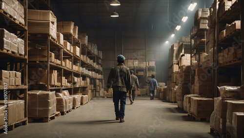 Indian factory or warehouse workers. Working in an industrial goods warehouse or transport company. Basement room with wooden pits, shelves, pallets and various cardboard boxes on it photo