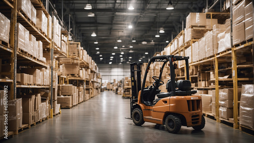 Inside bustling production warehouse, cardboard boxes align the shelves. A forklift operator efficiently organizes cargo for shipping. This storage space holds products ready for their onward journey photo