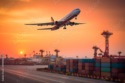 Aircraft flying at sunset over an airport with cargo containers