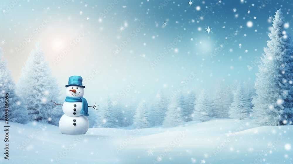 Panoramic view of happy snowman . copy space for your text Panoramic view of happy snowman . copy space for your text