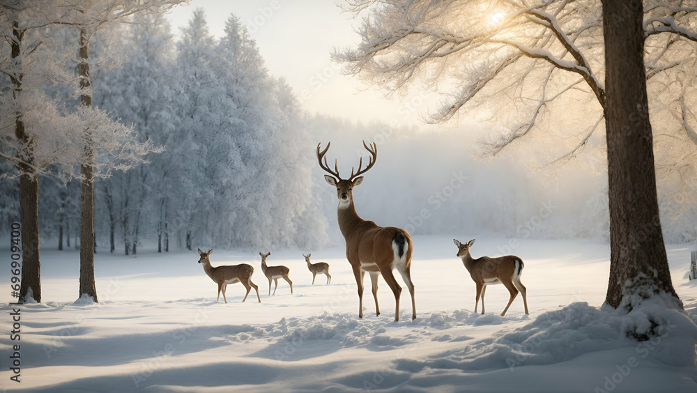 deer in the woods , a group of deer in snowy forest deer in the woods , a group of deer in snowy forest