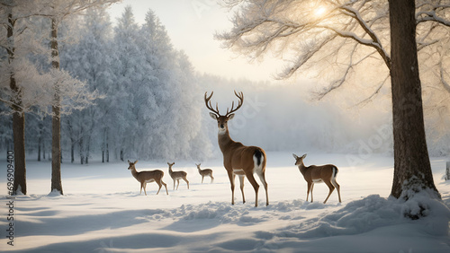 deer in the woods , a group of deer in snowy forest