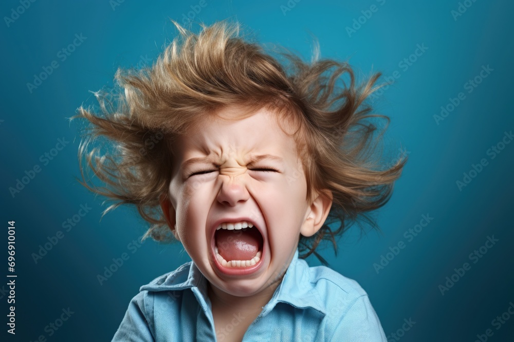 Upset boy in blue t shirt screaming and crying with opened mouth and closed eyes against Upset boy in blue t shirt screaming and crying with opened mouth and closed eyes against