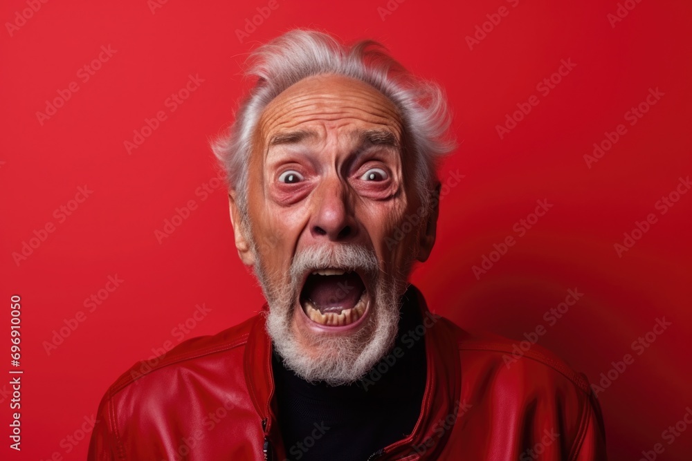 Upset old, adult man in red t shirt screaming and crying with opened mouth and closed eyes against. evil grandfather Upset old, adult man in red t shirt screaming and crying with opened mouth and closed eyes against. evil grandfather