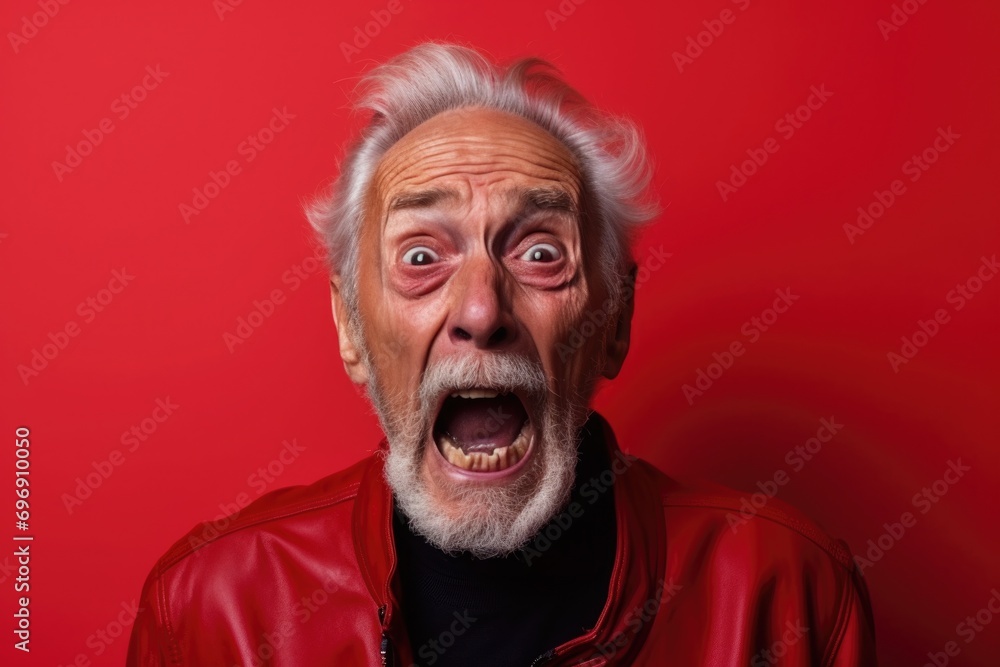 Upset old, adult man in red t shirt screaming and crying with opened mouth and closed eyes against. evil grandfather