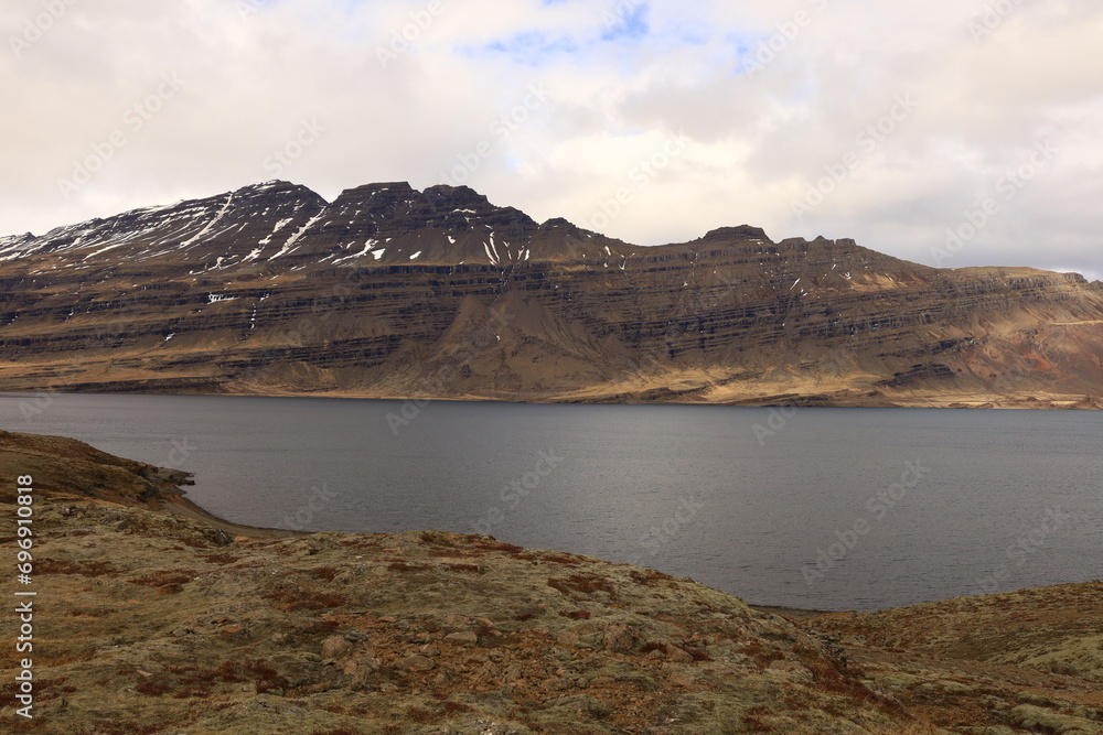 View of the Fáskrúðsfjörður fjord located in the east of Iceland, in the Austurland region