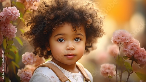 Adorable little child with flowers and spring easter background. Happy biracial baby with baby animal kitten and sweet smile. Cute toddler outdoor seasonal holiday portrait. © Fox Ave Designs