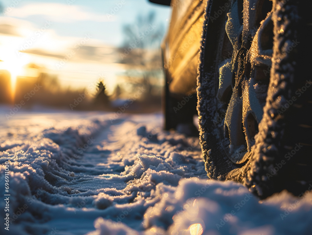 Stockillustratie Winter tire. Detail of car tires in winter on the road covered with snow on a