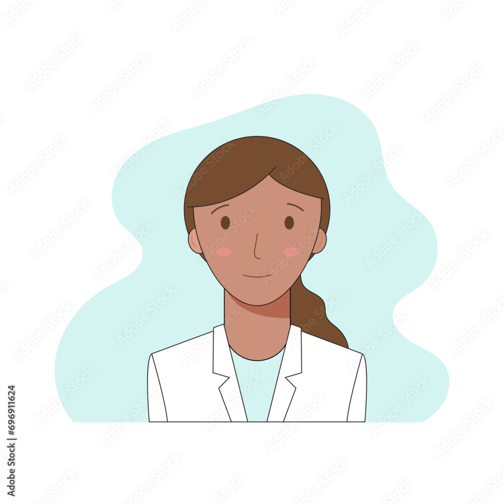 Portrait of a smiling woman with dark skin. Female researcher, laboratory assistant, doctor, chemist. Avatar for a woman profile.