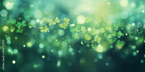 Abstract decorative festive green background with a bokeh effect with three-leaf and four-leaf clover for St. Patrick's Day. photo