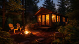 A cozy summer cabin in the woods at twilight.