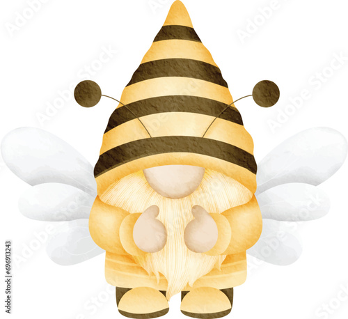 cute gnome has bee wings and wears a bee hat, cute gnome for summer and spring