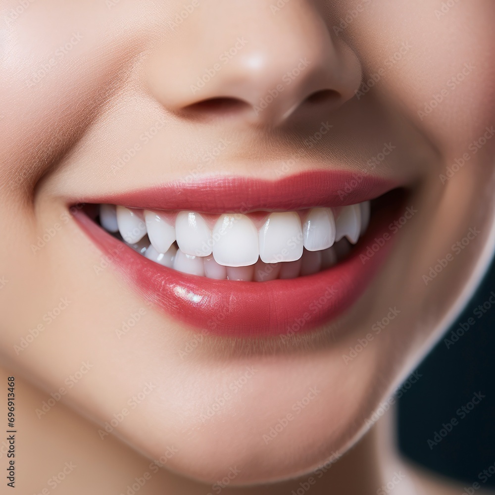 Fototapeta premium Smile of young girl with perfect white teeth close-up. Dental care concept, professional cleaning, whitening. Dentistry, beautiful smile