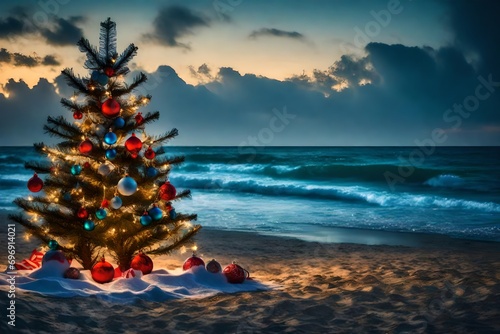 christmas tree on the beach at night