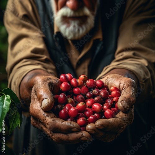 Senior man, farmer with dirty hands picking red coffee beans, berries. Plantation of coffee. Organic products. Concept of coffee industry, harvesting, agriculture, farming