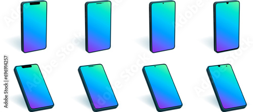 Phone 3d perspective mockup. Color iphone brand interface display with minimal copy space vector pattern. Touch screen ui interface.