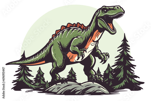 Cartoon roaring tyrannosaurus. Mesozoic era carnivorous dinosaur. Illustration Vector © baobabay